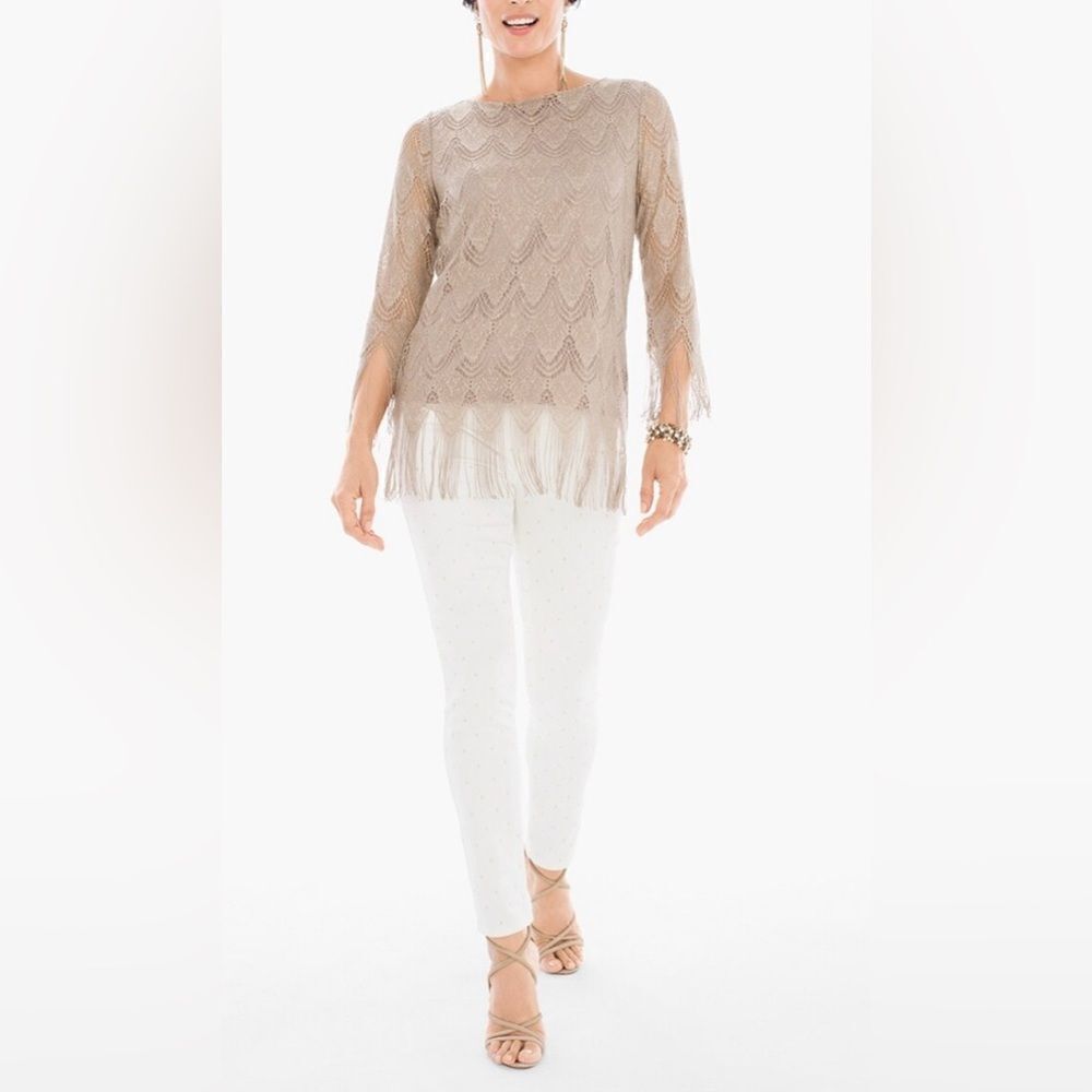Chico’s Gold Metallic Scalloped Fringe Trim Dressy Top - Picture 3 of 11